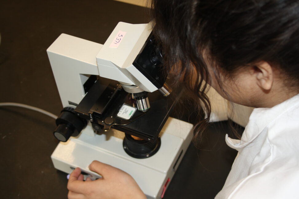 Indigenous student in a biology lab using a microscope.